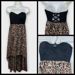 Black Sweetheart Strapless Hi-Lo Chiffon Leopard Midi Dress JR LG Y2K Fairy